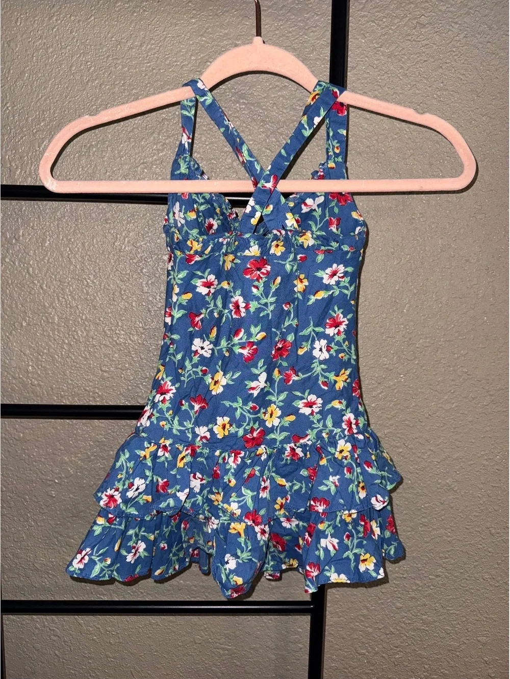 Ralph Lauren Girls 3T Blue Floral Ruffle Tiered Cotton Sundress Cross Back